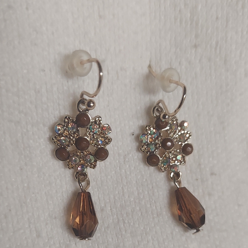 Elegant Brown and Gold Crystal Drop Earrings